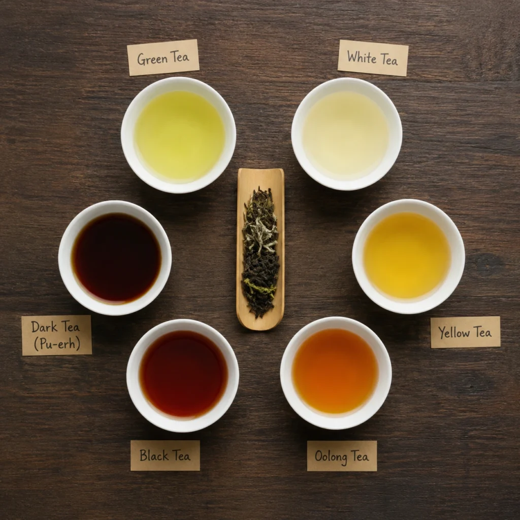 Six types of Chinese tea visual chart green white oolong black pu-erh