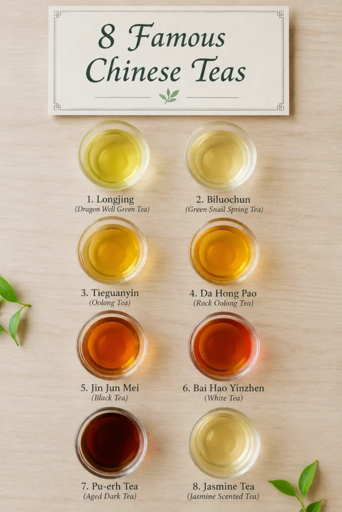 8 Famous Chinese Teas Pinterest infographic Longjing Biluochun Da Hong Pao