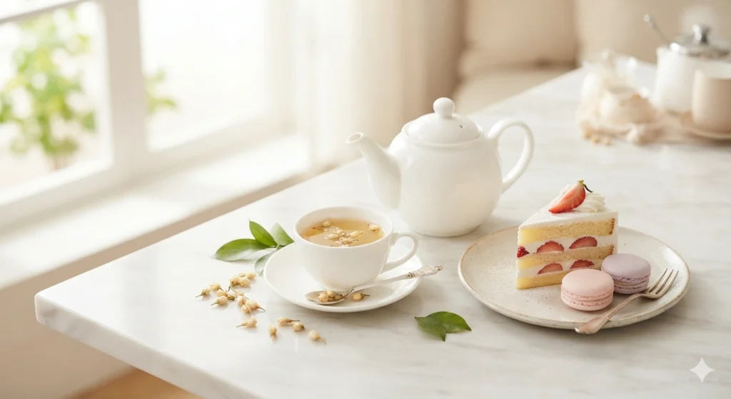 Jasmine green tea pairing with strawberry cake and macarons
