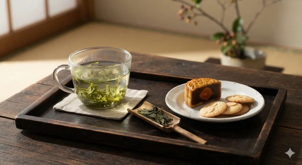 Longjing green tea pairing with mooncake and almond cookies