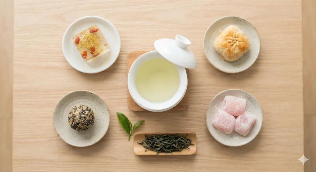 Traditional Chinese desserts pairing with green tea flat lay