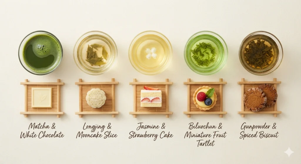 Green tea and dessert pairing chart visual guide