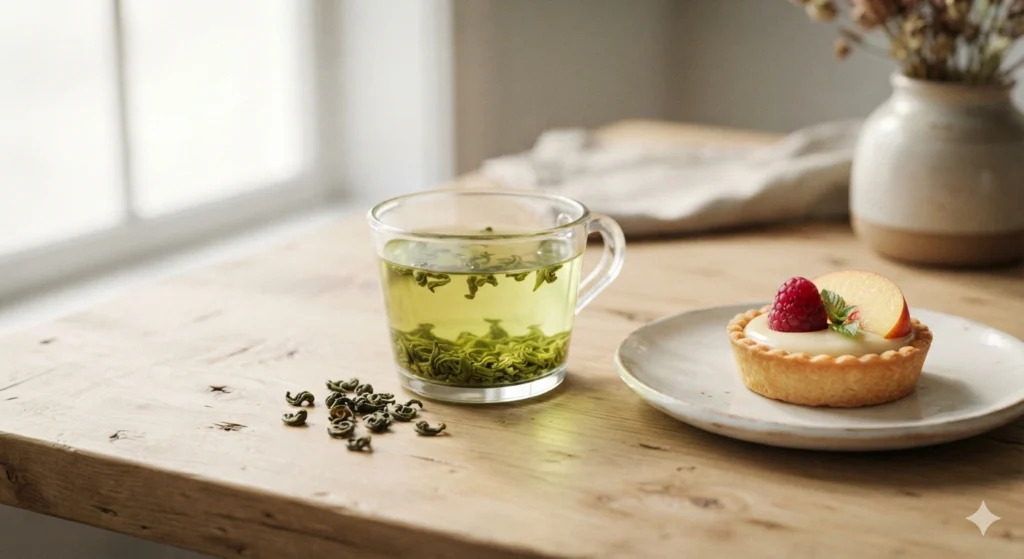 Biluochun green tea paired with a fresh fruit tartlet close-up