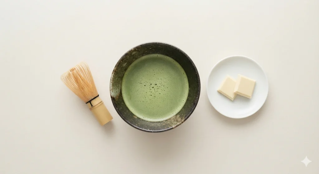 Matcha green tea paired with white chocolate squares flat lay