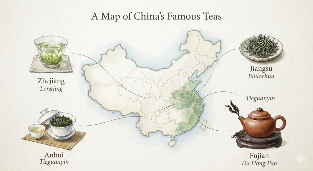 Famous Chinese tea regions map illustration Longjing Biluochun Da Hong Pao