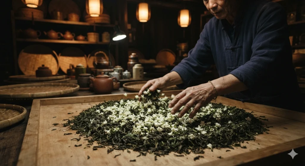 Traditional jasmine tea scenting process at night with fresh flowers and tea