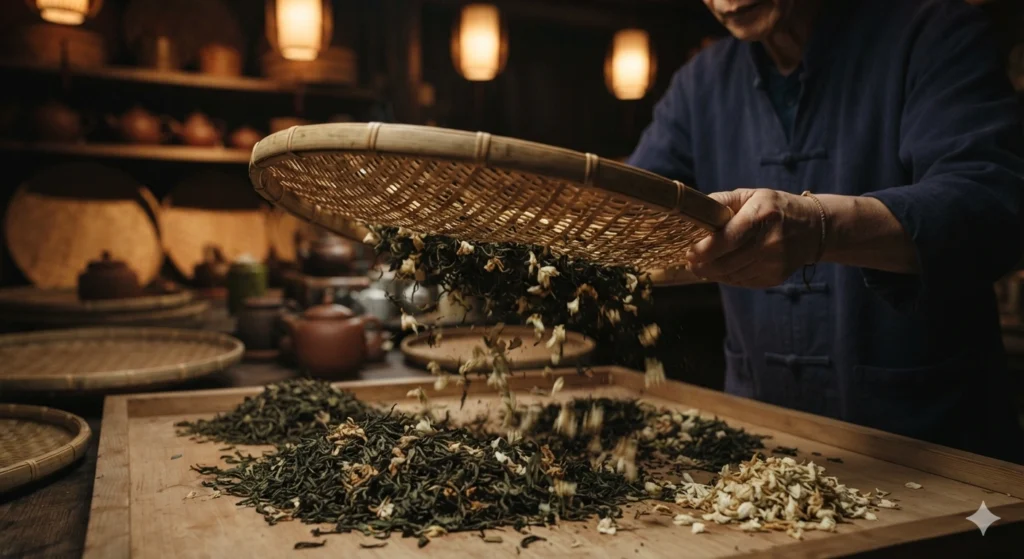 Removing spent jasmine flowers from tea leaves after scenting process