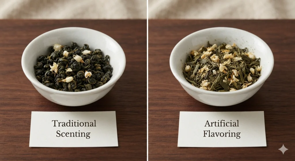 Traditional vs artificial jasmine tea quality comparison leaves