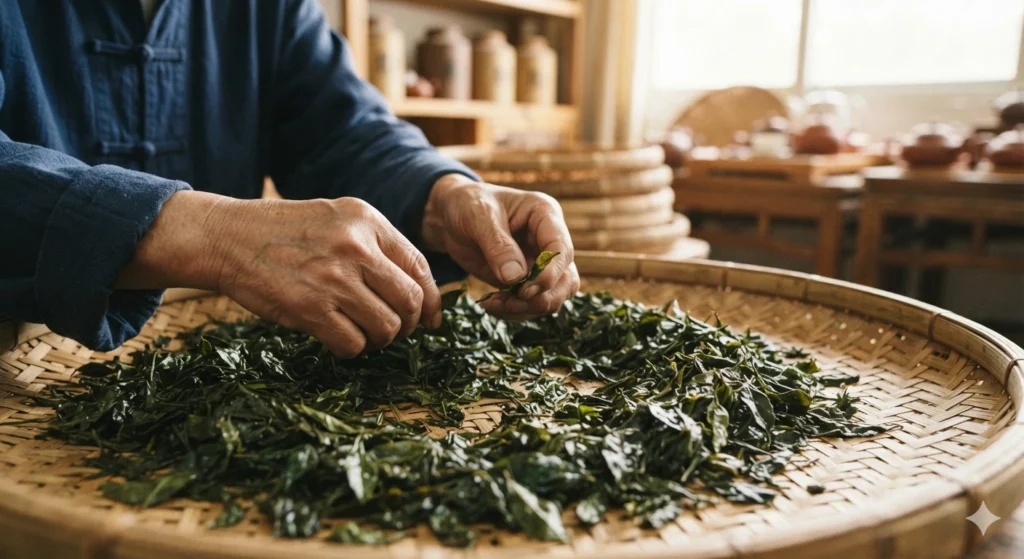 Tea master hand sorting premium jasmine green tea leaves for quality