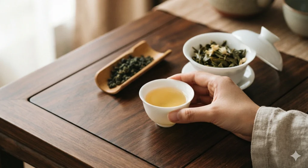Tasting premium high quality jasmine green tea in a gaiwan