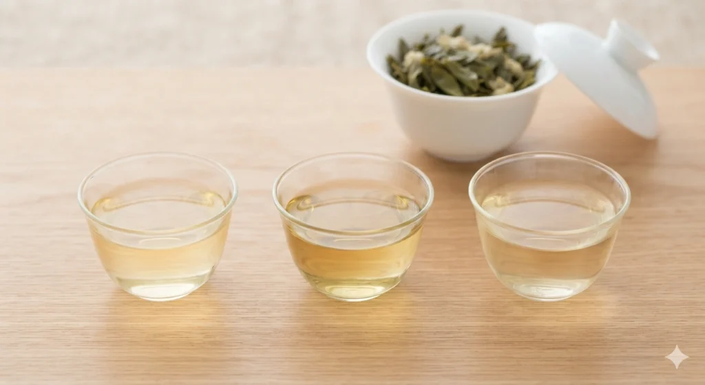 Premium jasmine tea aroma evolution across first third fifth infusion
