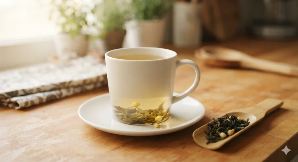Everyday loose leaf jasmine tea brewing in a mug daily ritual
