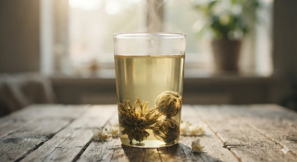 Jasmine Dragon Pearls slowly unfurling in a glass cup of hot water