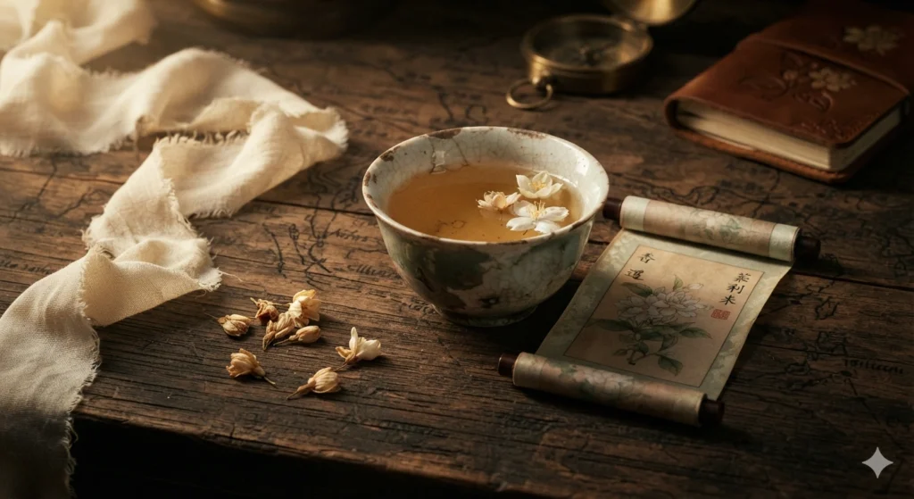 Antique Chinese jasmine tea cup and silk scroll representing tea history