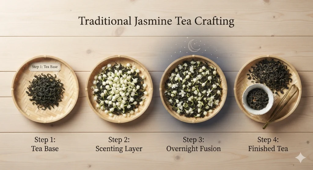 Traditional jasmine tea making process steps from leaf to scented tea