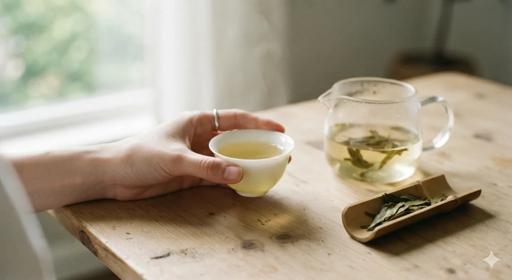 Mindful tasting of handcrafted Longjing tea quiet moment