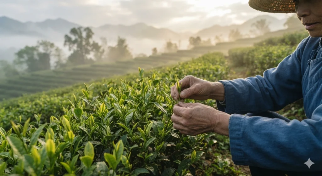 First spring harvest of Longjing tea early morning picking