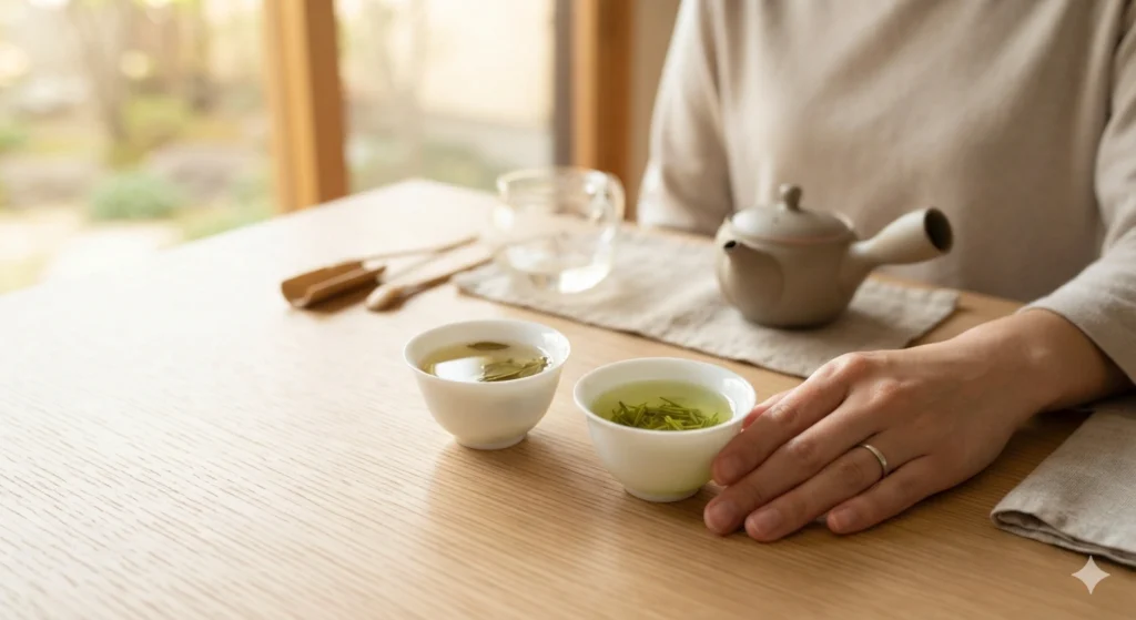 Tasting Longjing and Japanese green tea side by side quiet moment