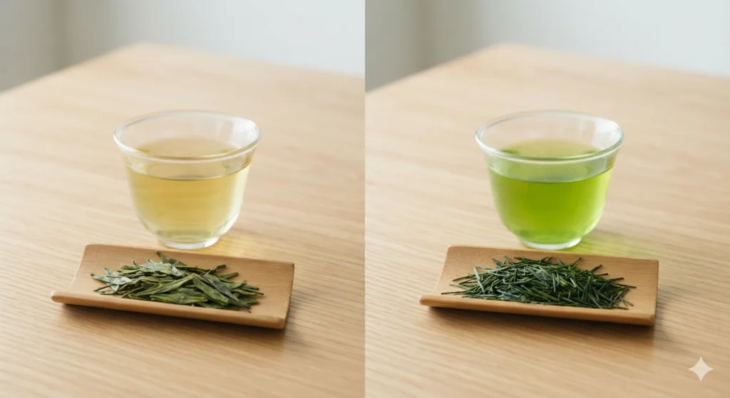 Longjing vs Japanese Sencha tea infusion color comparison