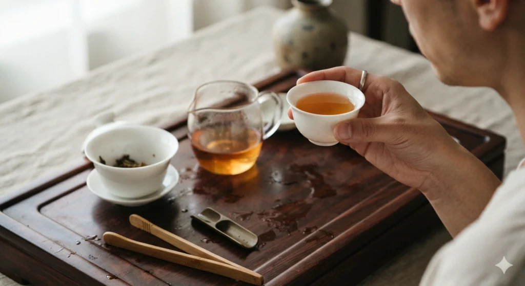 Mindful tasting of oolong tea flavor profile quiet moment