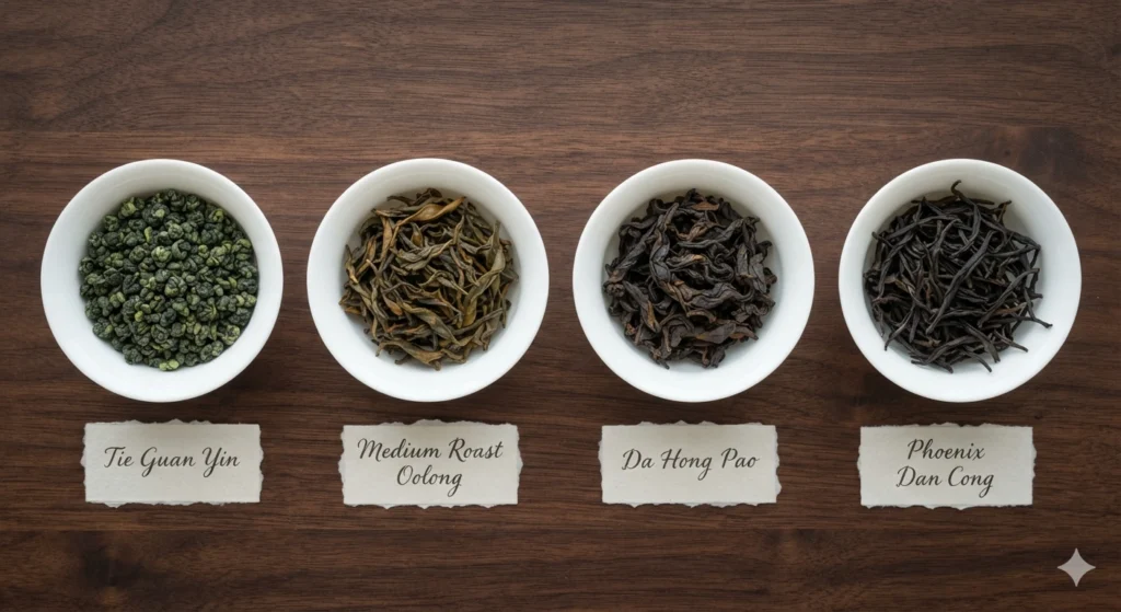 Oolong tea infusion color comparison light to dark roast