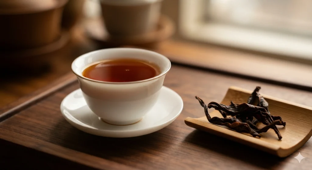 Dark oolong tea infusion rich amber-red Da Hong Pao in white cup