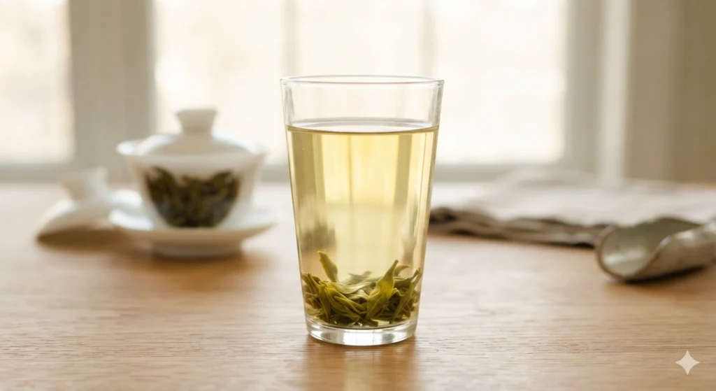 Light oolong tea infusion clear golden-green in glass cup