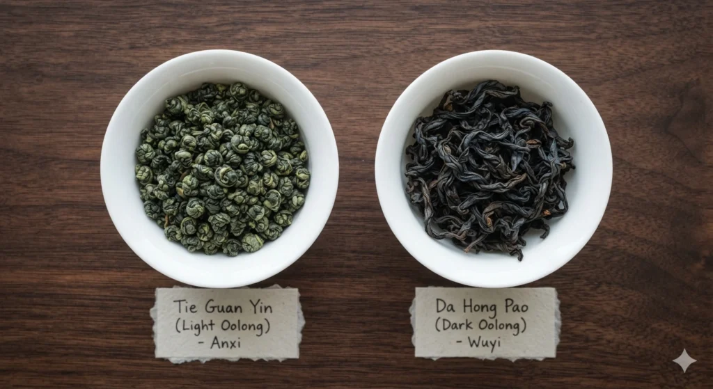 Light oolong vs dark oolong dry leaves comparison Tie Guan Yin Da Hong Pao