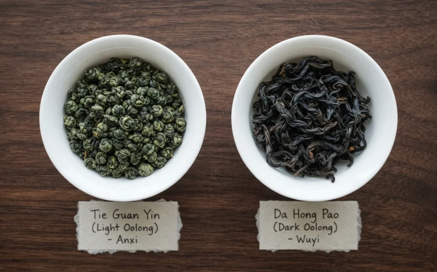 Light oolong vs dark oolong dry leaves comparison Tie Guan Yin Da Hong Pao