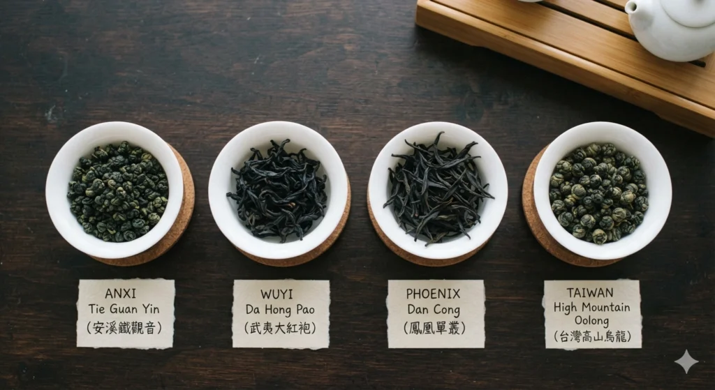 Oolong tea regions dry leaf comparison Anxi Wuyi Phoenix Taiwan