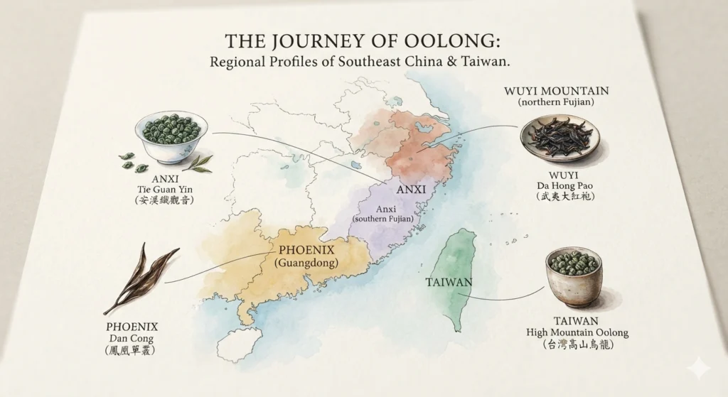 Chinese oolong tea regions map Anxi Wuyi Phoenix Taiwan illustration