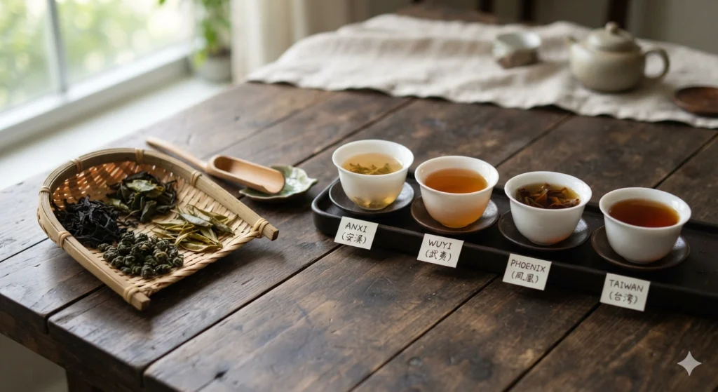 Tasting oolong teas from four regions side by side comparison session