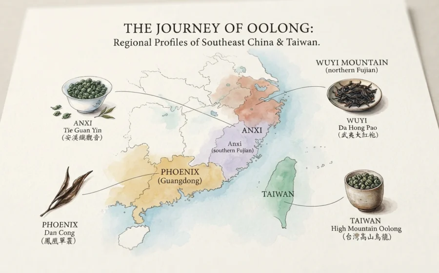 Chinese oolong tea regions map Anxi Wuyi Phoenix Taiwan illustration