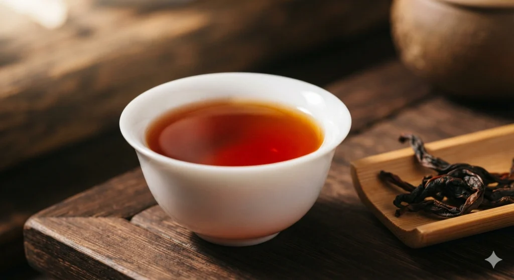 Wuyi Rock Tea deep amber-red infusion Da Hong Pao in white cup