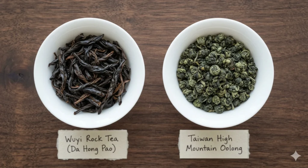 Wuyi Rock Tea vs Taiwanese oolong dry leaves comparison