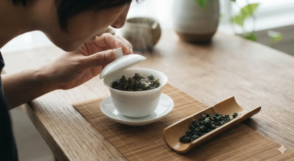 Smelling warmed oolong tea leaves in a gaiwan aroma evaluation
