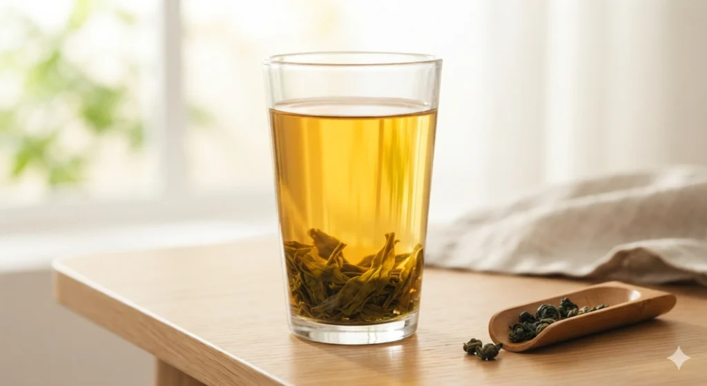 High quality oolong tea infusion clarity and color in glass