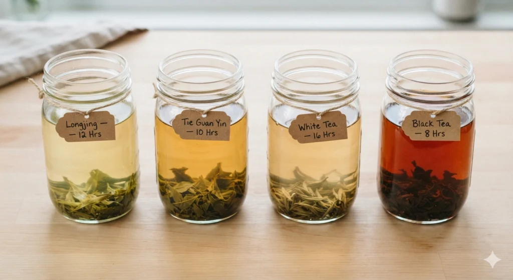 Cold brew tea types comparison green oolong white black in glass jars