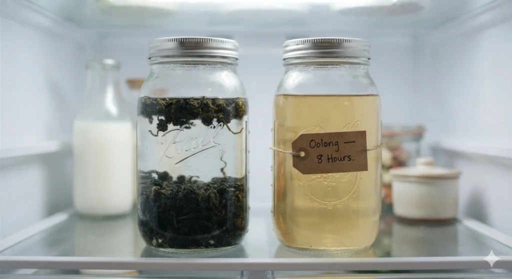 Cold brew tea steeping in a Mason jar in the refrigerator overnight