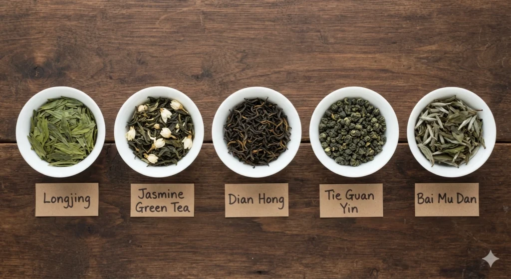 Best Chinese teas for beginners Longjing Jasmine Dian Hong Tie Guan Yin Bai Mu Dan comparison