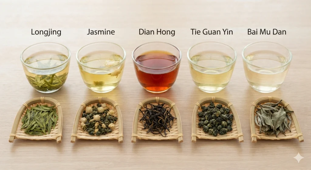 Chinese tea styles flavor guide Longjing Jasmine Dian Hong Tie Guan Yin Bai Mu Dan