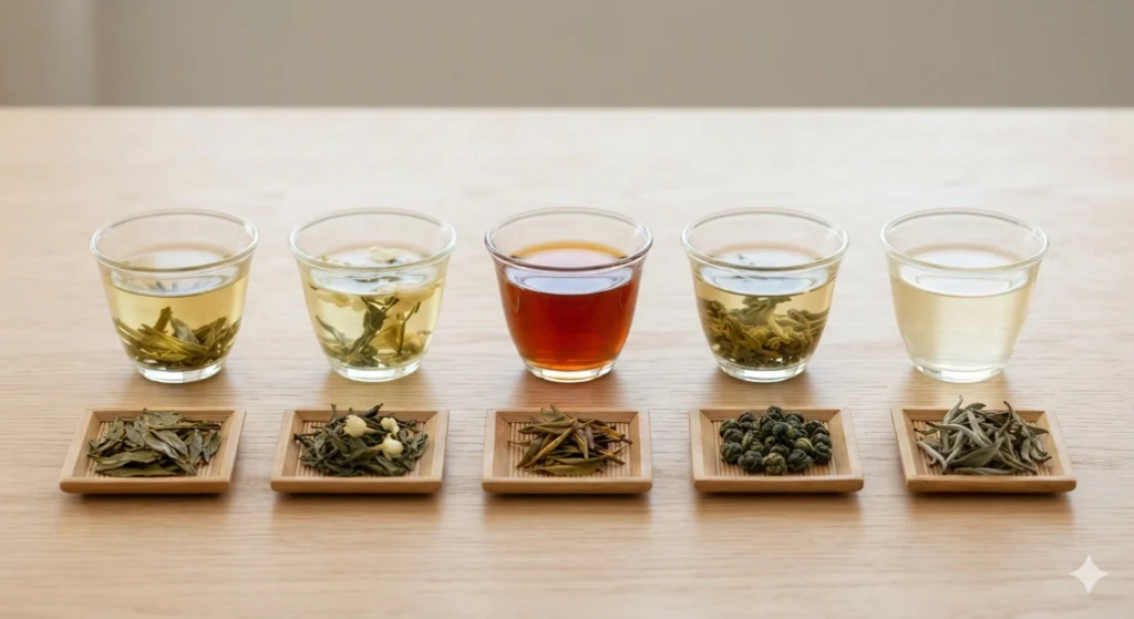 Chinese tea types infusion color comparison Longjing Jasmine Dian Hong Tie Guan Yin Bai Mu Dan