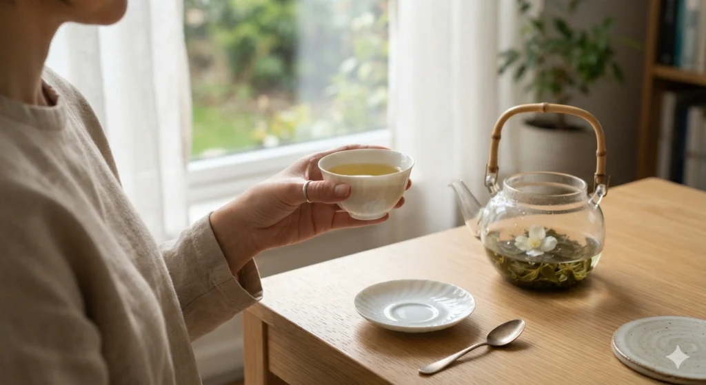 Enjoying a cup of jasmine green tea as a beginner-friendly Chinese tea