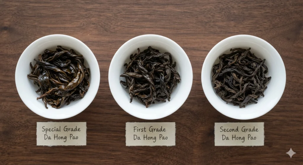 Da Hong Pao Special Grade vs First Grade vs Second Grade dry leaves comparison