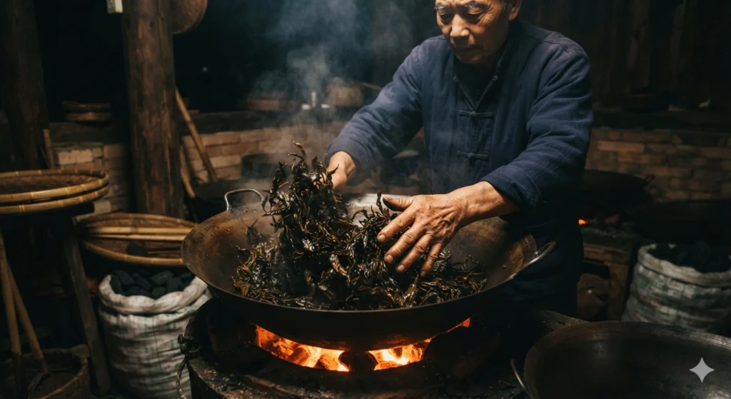 Traditional charcoal roasting of Da Hong Pao Wuyi Rock Tea