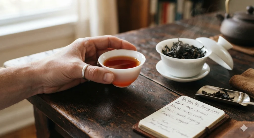 Mindful tasting of Da Hong Pao tea evaluating quality and value