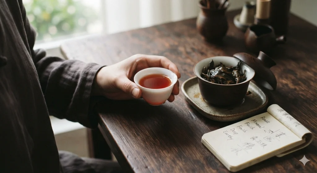 Mindful tasting of Da Hong Pao tea evaluating authenticity and quality