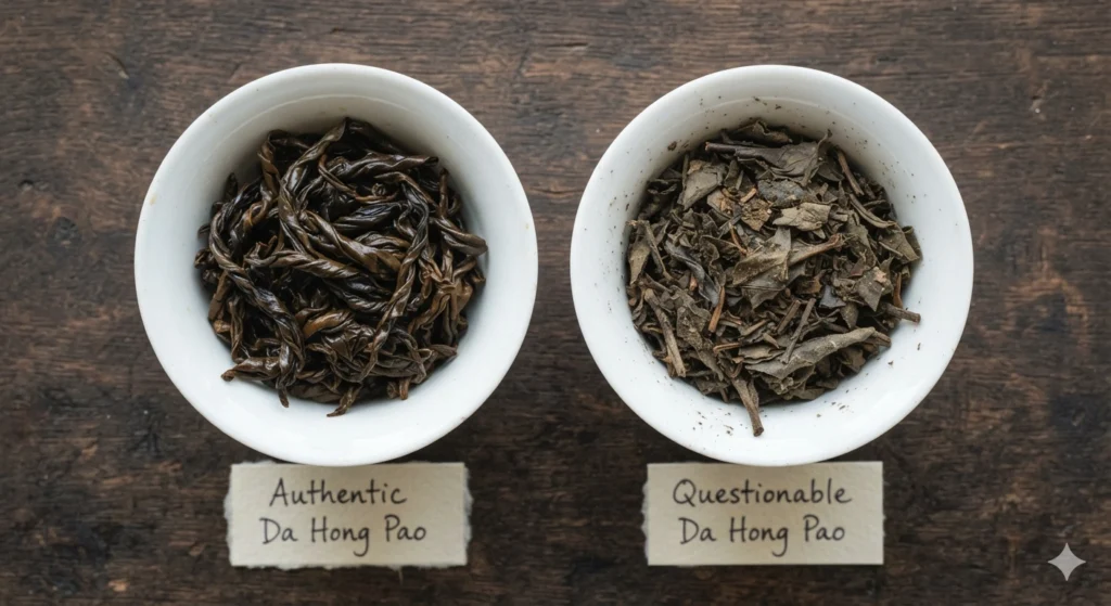 Authentic vs fake Da Hong Pao dry tea leaves comparison
