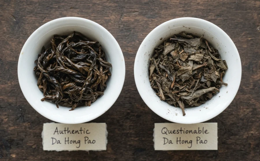 Authentic vs fake Da Hong Pao dry tea leaves comparison