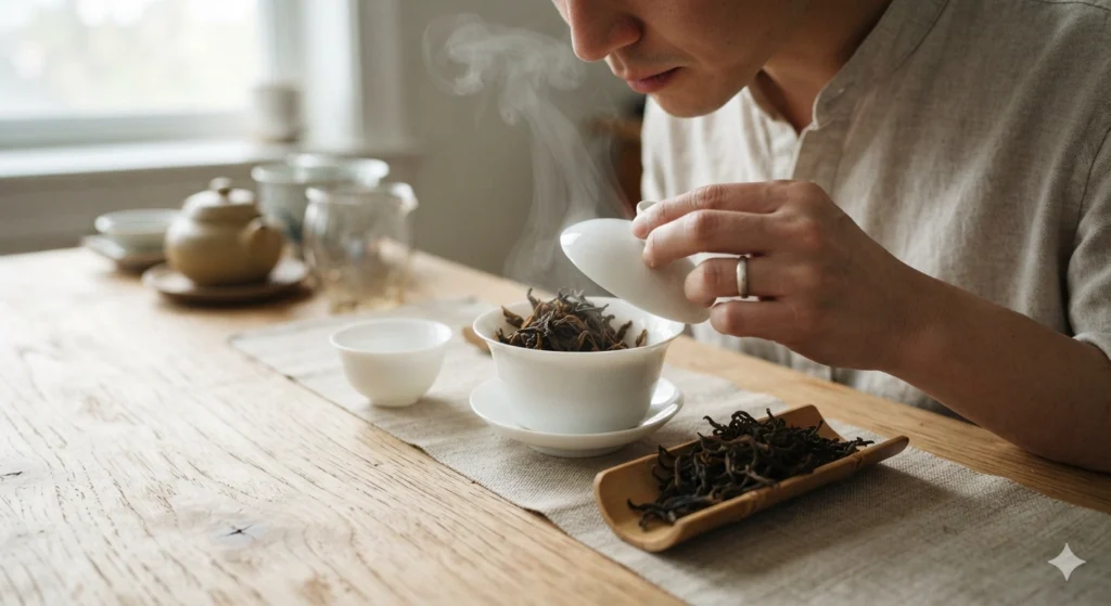 Smelling warmed Phoenix Dancong tea leaves in a gaiwan aroma release